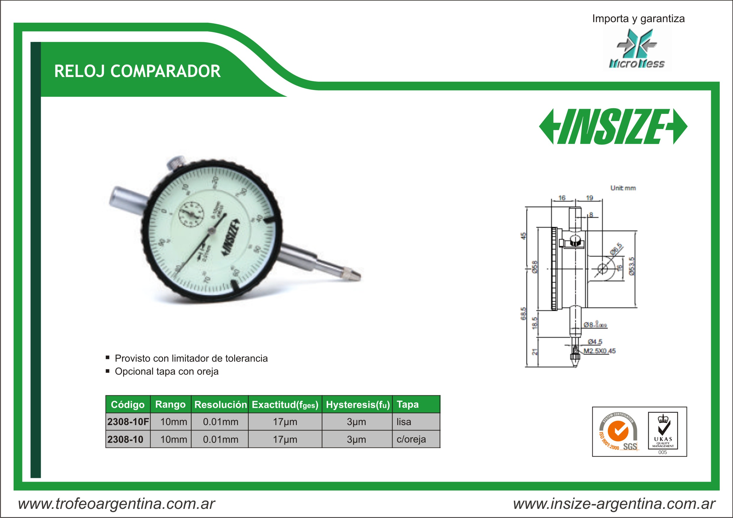 INSIZE – RELOJ COMPARADOR 2308-10FA – Sigomar Asturias